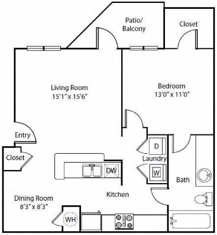 Floor plan for 1 bed, 1 bath, 831 sqft